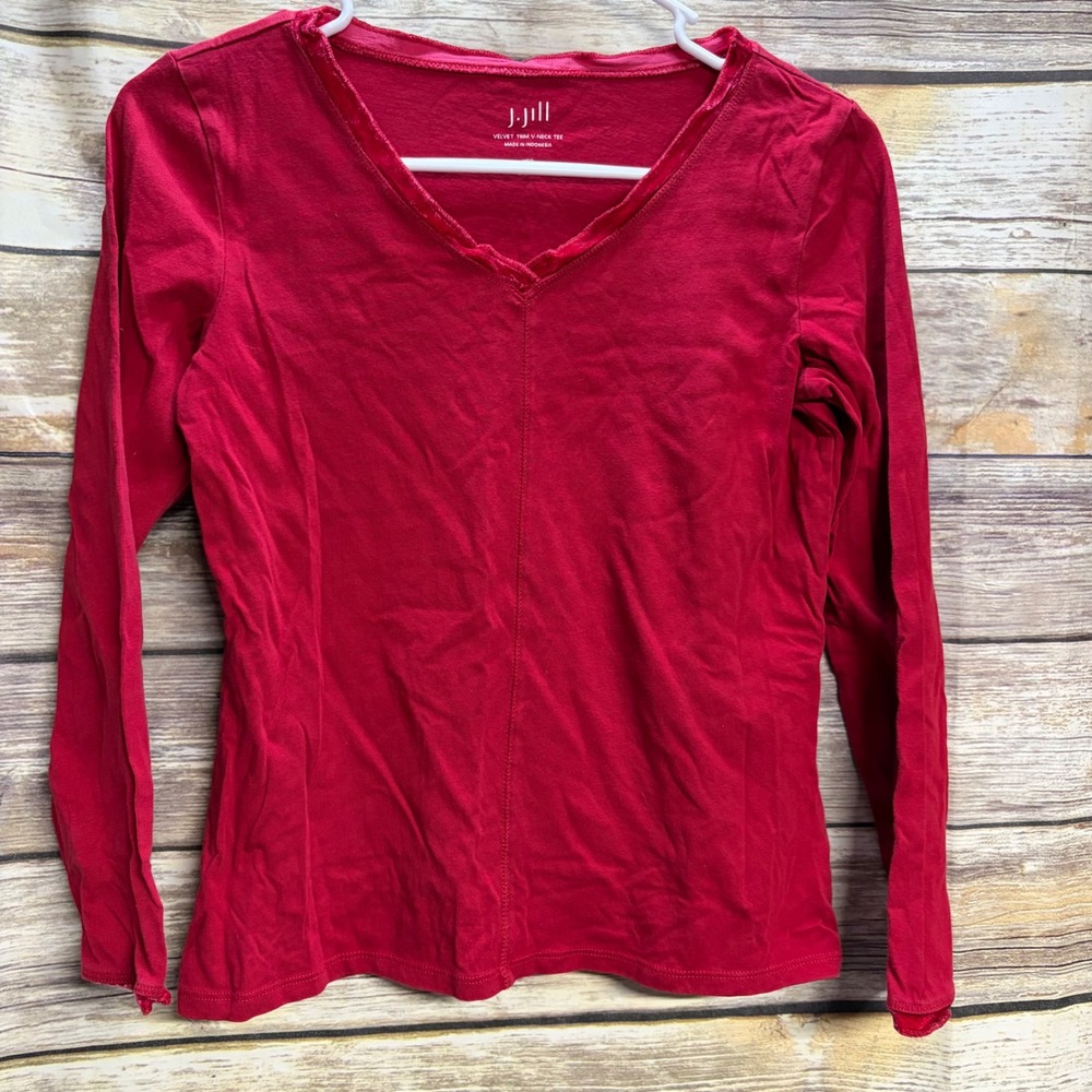 J. Jill Womens Red Velvet Trim V-Neck Long Sleeve Tee Shirt XSP